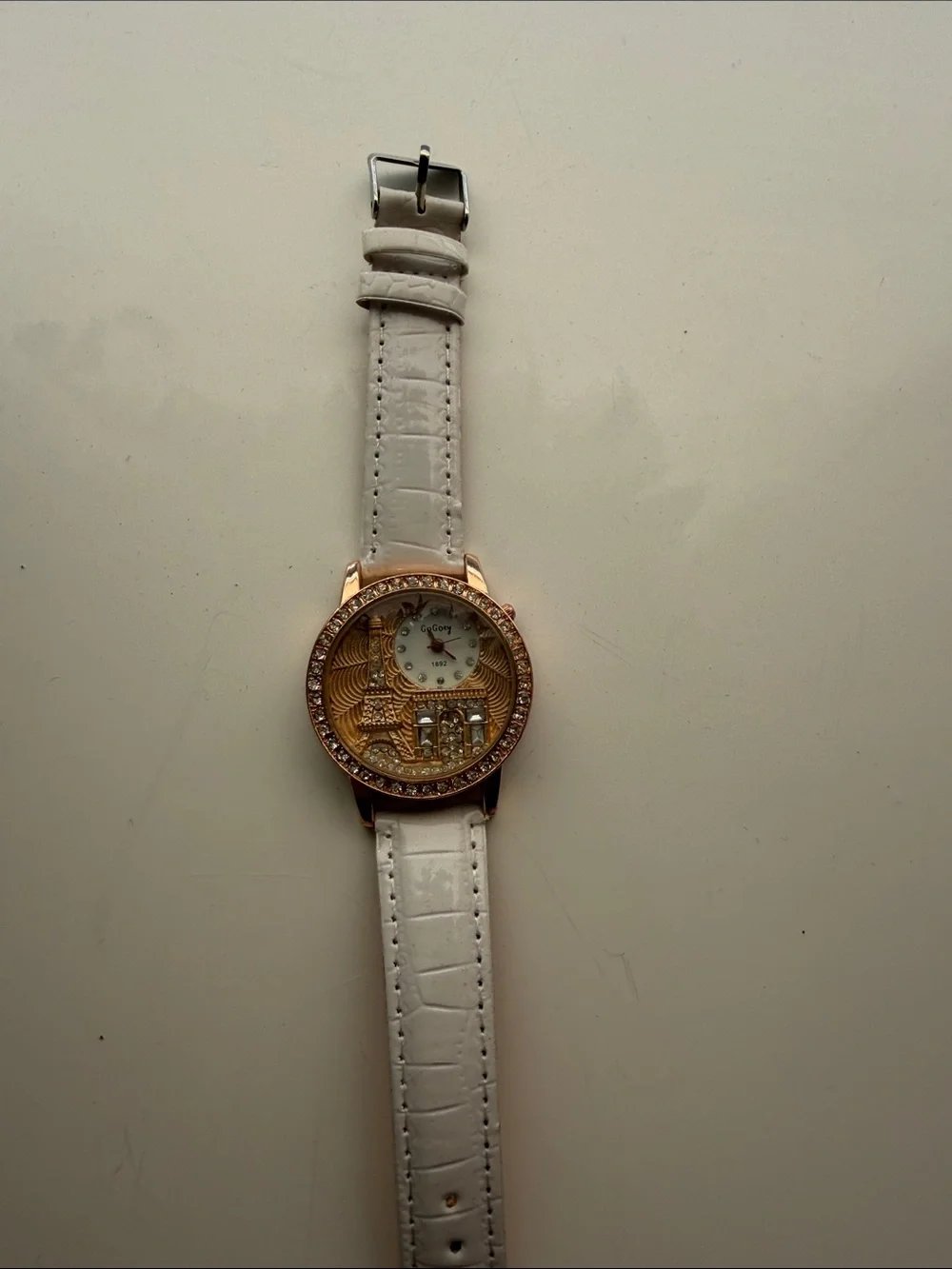 White Strap Gold-Tone Crystal Accent Fashion Watch